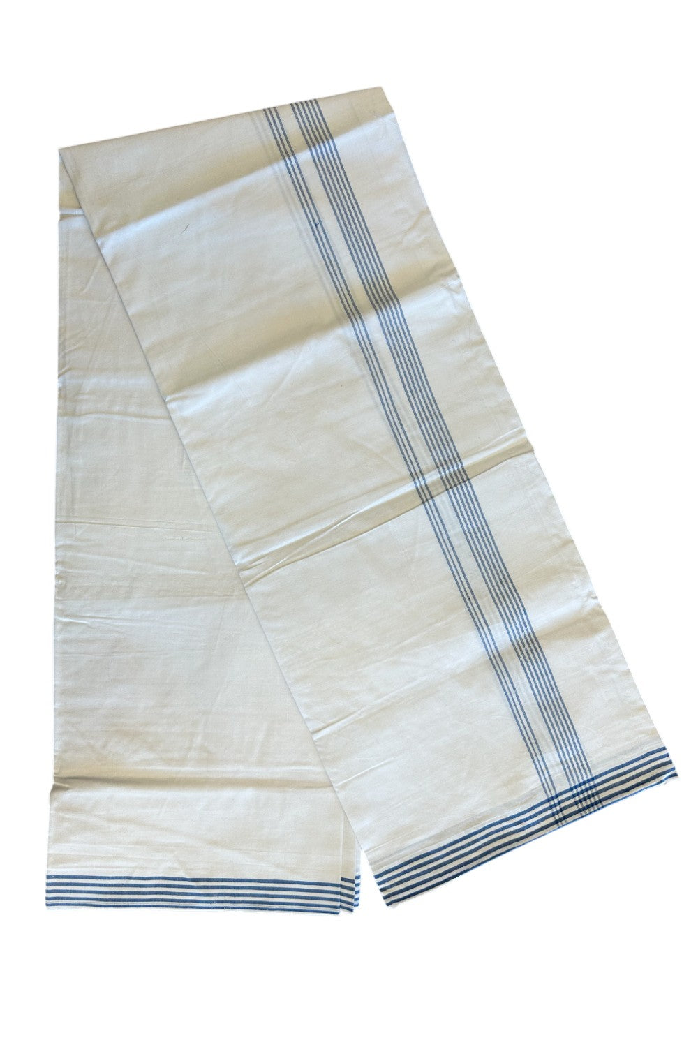 Ultimate HANDLOOM-19% Discount! - Kaitharikada Kalamachal-Government Sealed HALLMARKED-100% PURE COTTON! (80x80) Twisted Thread- Light WHITE SINGLE Mundu / Dhoti - 1.75 inch Blue Striped Kara - 8KK8004KK