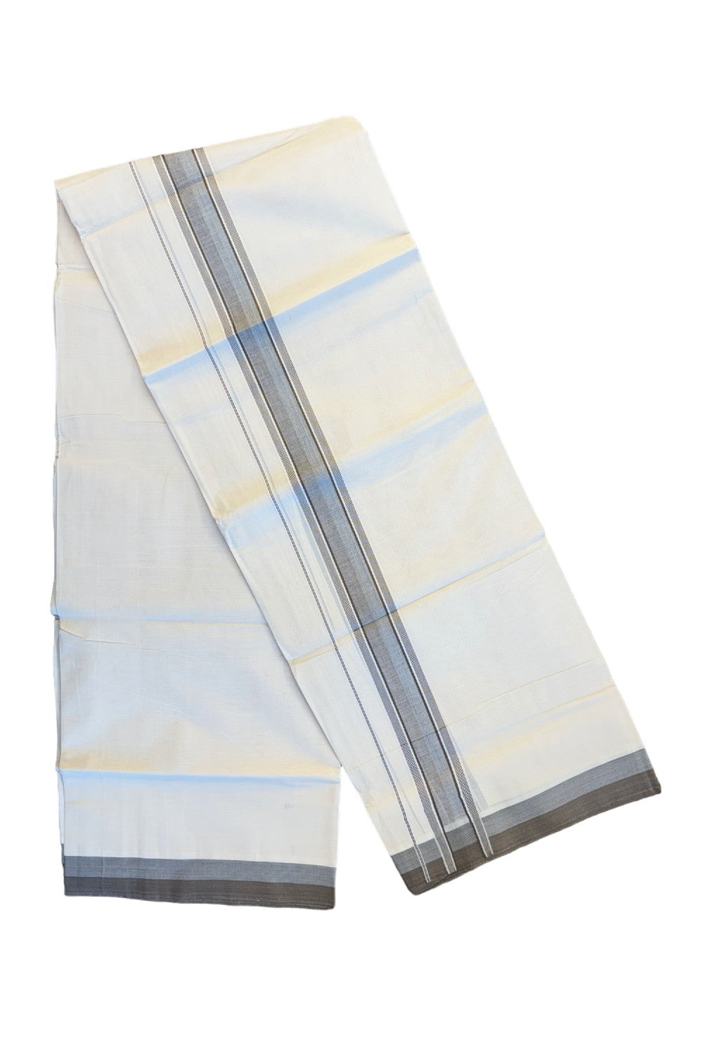 19% DISCOUNT ! KaithariKada Balaramapuram 100%  Cotton off white Double  Mundu/Dhoti - 100X100  Brown & ash gray shaded kara with stripes - 8KK81VIN