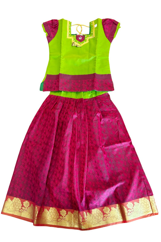 Midukki-Traditional South Indian Kids Pattu Pavada- Lime green top Maroon skirt with emboss work- Age 11 - KK11MID008