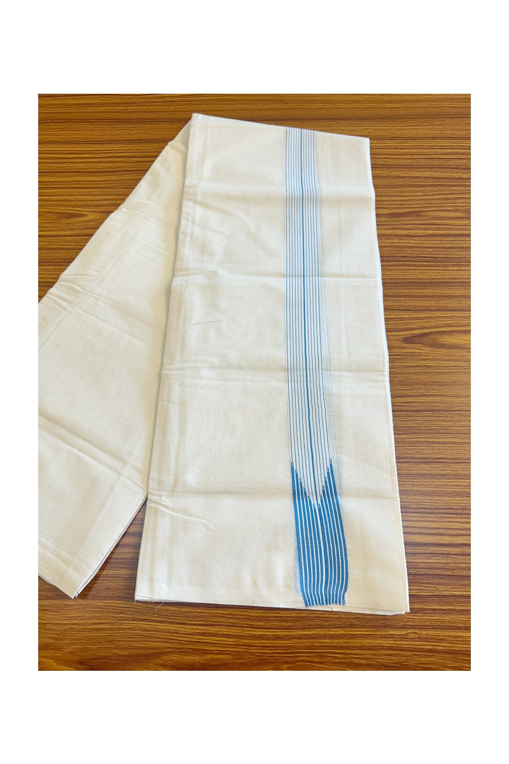 New!! 17%OFFER! KaithariKada Balaramapuram 100% Cotton Double OFF WHITE - (Unbleached ) Mundu/Dhoti-100x100 12 LINE Chutty BLUE & White-  8KK125ASH