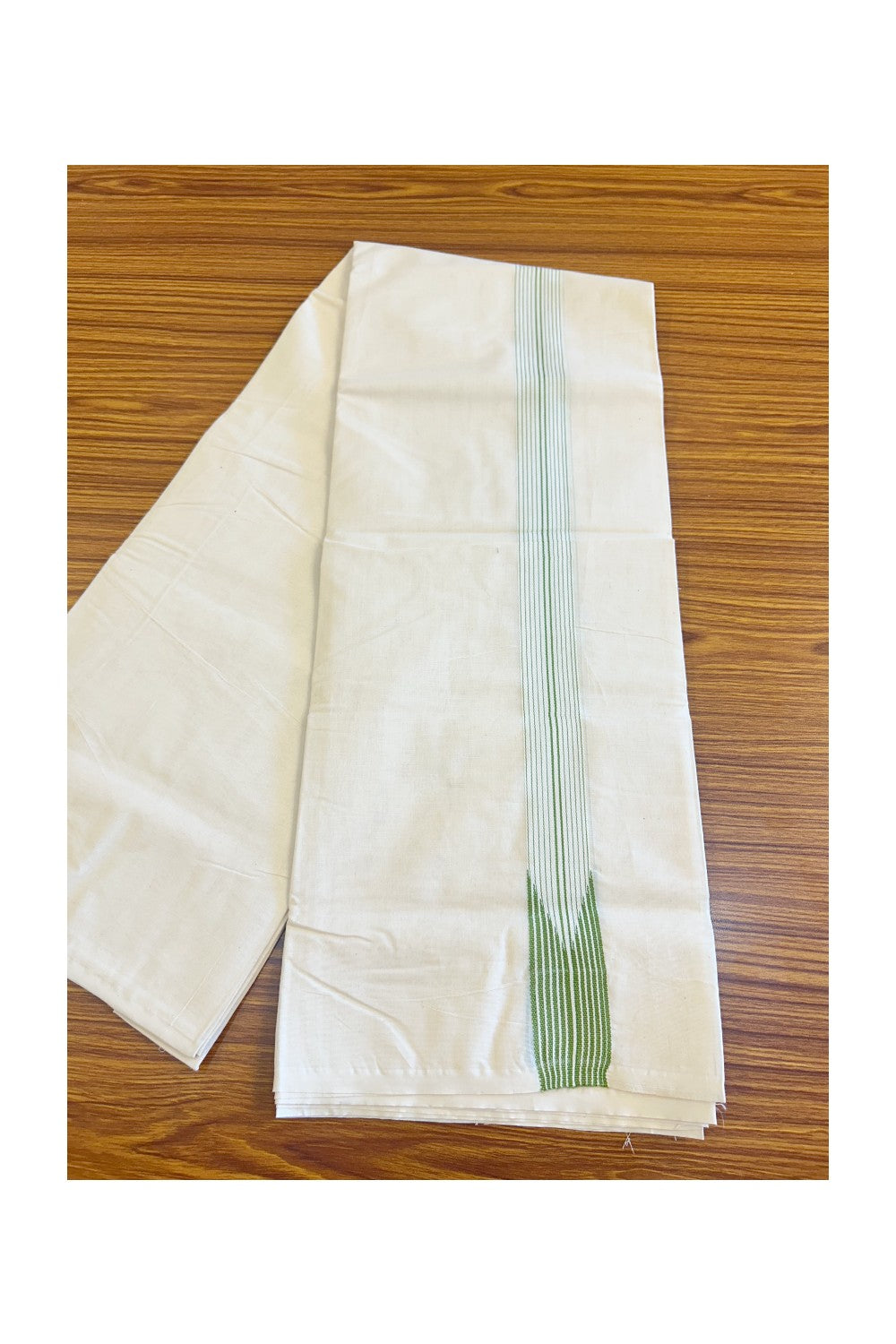 New!! 17%OFFER! KaithariKada Balaramapuram 100% Cotton Double OFF WHITE - (Unbleached) Mundu/Dhoti-100x100 12 LINE Chutty LIGHT Green & White-  8KK134ASH