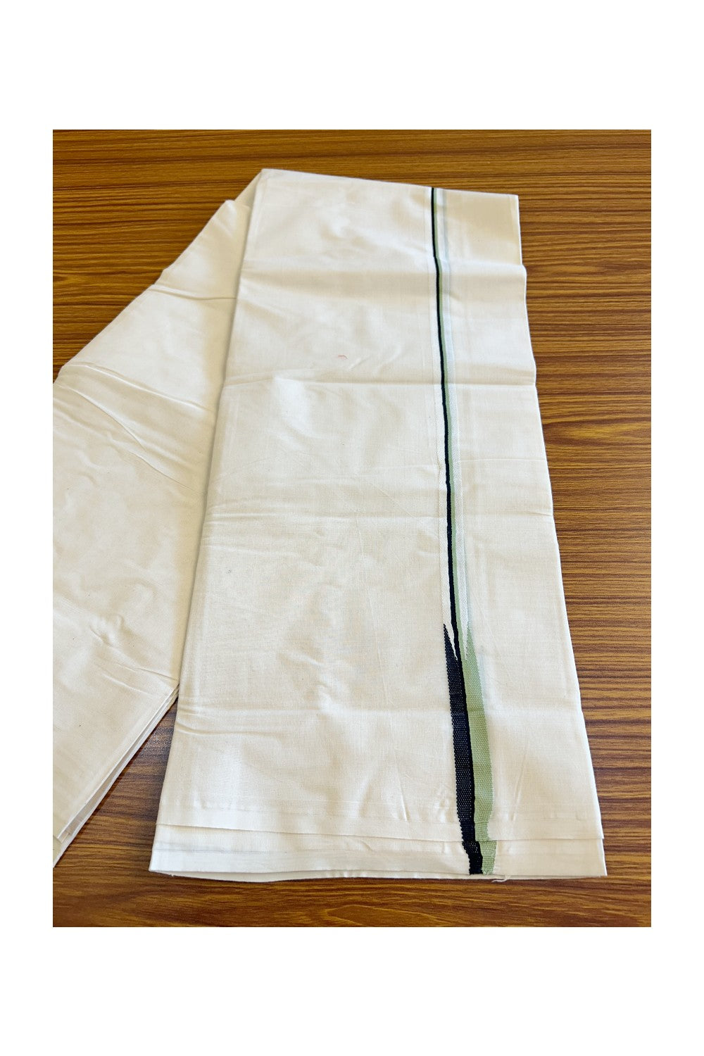 29% DISCOUNT! KaithariKada Balaramapuram 100% Cotton Double Off white Mundu/Dhoti-100x100  Puliyilakkara LIGHT PISTA GREEN & BLACK Chutty -  2KK136ASH