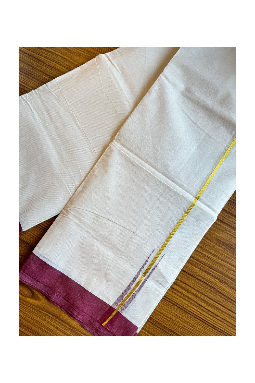 29% DISCOUNT!!! KaithariKada Balaramapuram 100% Cotton  Off white Double Mundu/Dhoti-100x100  Kasavu Puliyilakkara 0.75 Inch Maroon Chutty -  8KK206VIN