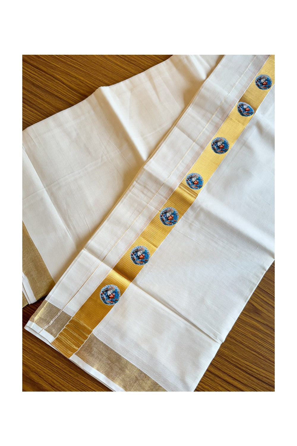 20% Discount !! KaithariKada Balaramapuram 100% Cotton Double Off white - (Unbleached) Mundu/Dhoti-80x72-  Hand Painted Krishnan & Radha Kasavu Design - 8KK207PMC