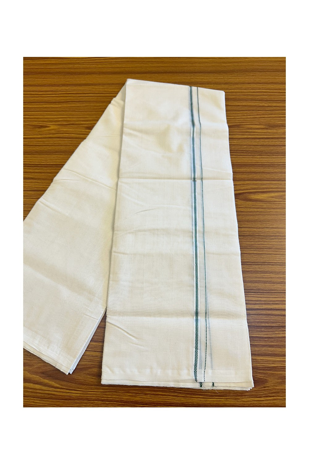 22% DISCOUNT!! KaithariKada HANDLOOM UNAKKUPAAV Balaramapuram - 100% PURE Cotton OFF White (Unbleached) Double Mundu/Dothi -  Muthukuri Green & Silver Kasavu kara 3.70m- 8KK410SOM