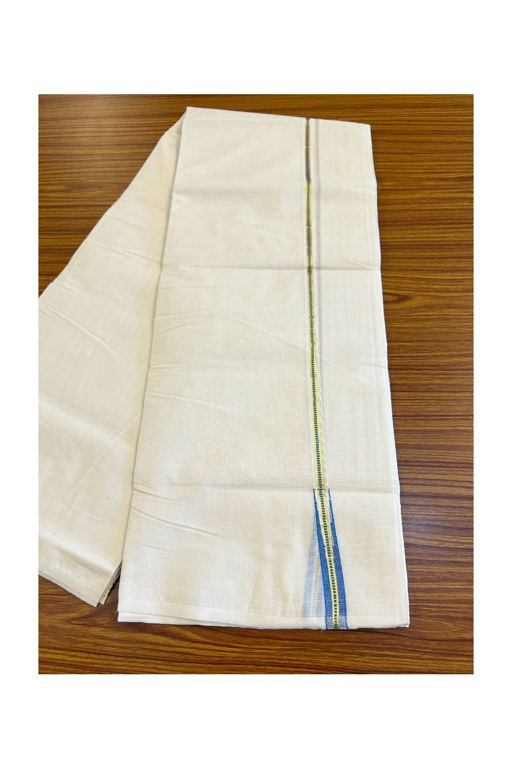 25% DISCOUNT! KaithariKada Balaramapuram 100% Cotton Double Off white Mundu/Dhoti-100x100  1.5 cm Chutty Puliyilakkara Muthukuri Kasavu & Sky Blue Kara- 8KK417ASH