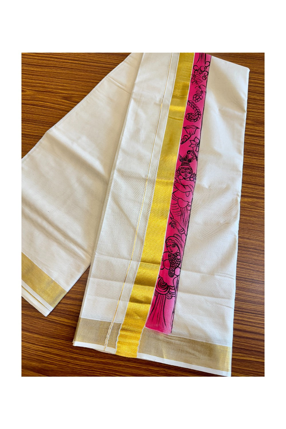 4% DISCOUNT!! KaithariKada Balaramapuram 100% Cotton Double Off white Mundu/Dhoti-80x72- 2inch Kasavu Hand Painted Dark Pink Shaded Flower & Radha design-8