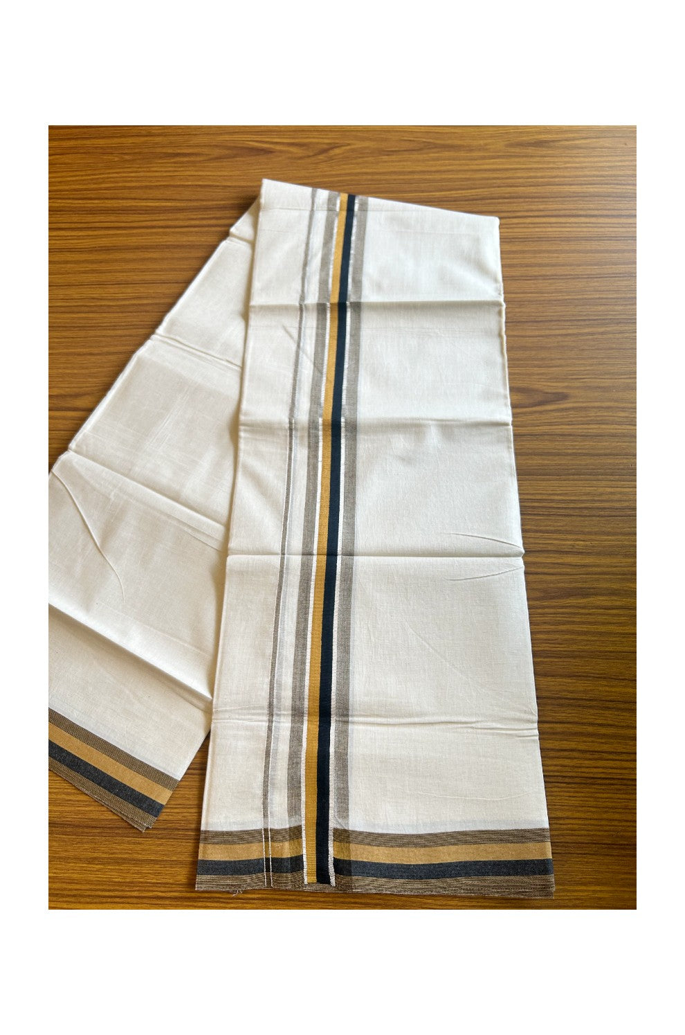 14% DISCOUNT!!! KaithariKada Balaramapuram 100% Cotton off white (Unbleached) Double  Mundu/Dhoti - 100X90  Brown Black &Silver kara - 8KK431VAS