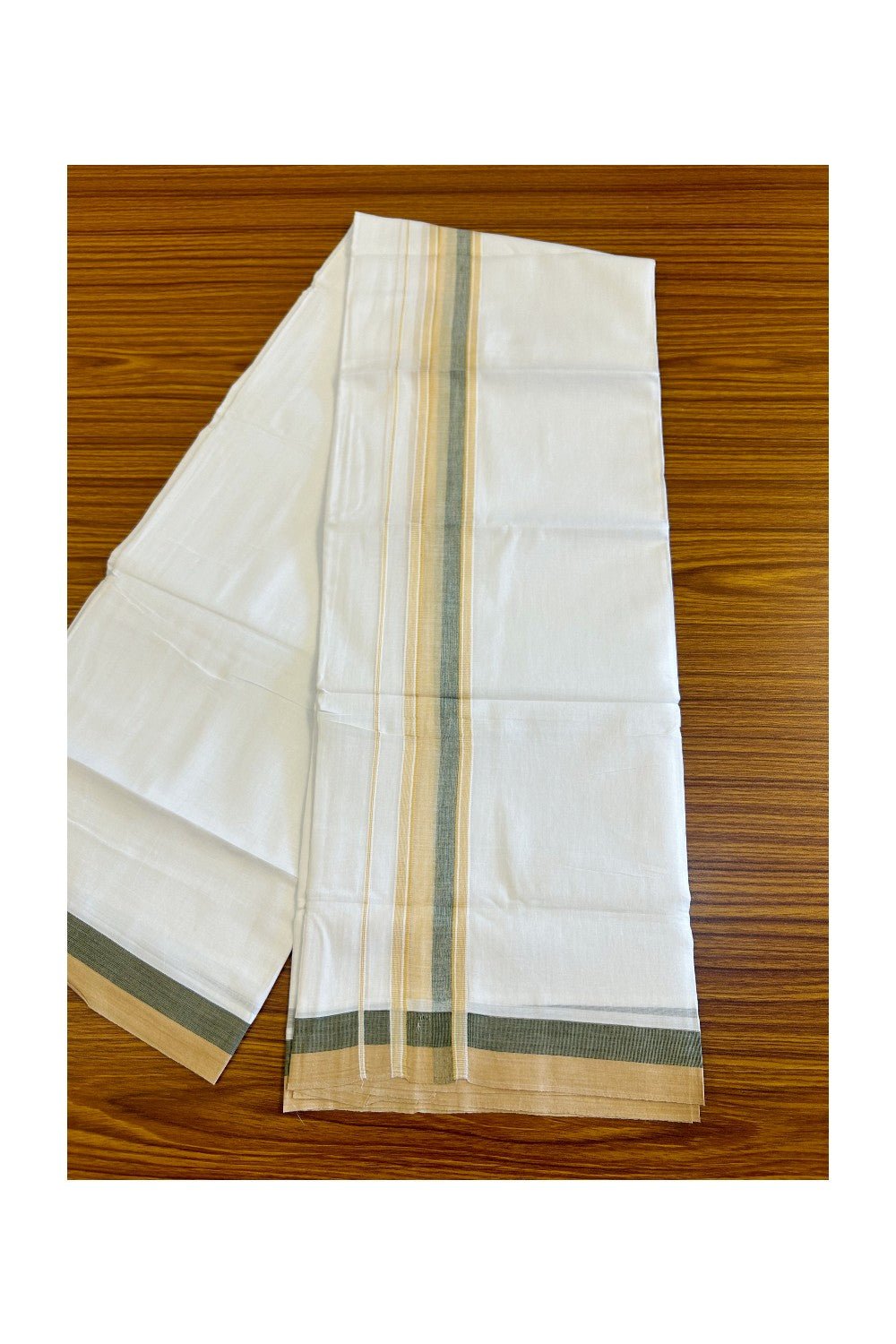 26% DISCOUNT!!! KaithariKada Balaramapuram 100% Cotton PURE white Double Mundu/Dhoti-100x90   2.25 Inch Sand brown & Green shaded stripes kara  - 8KK448VIN