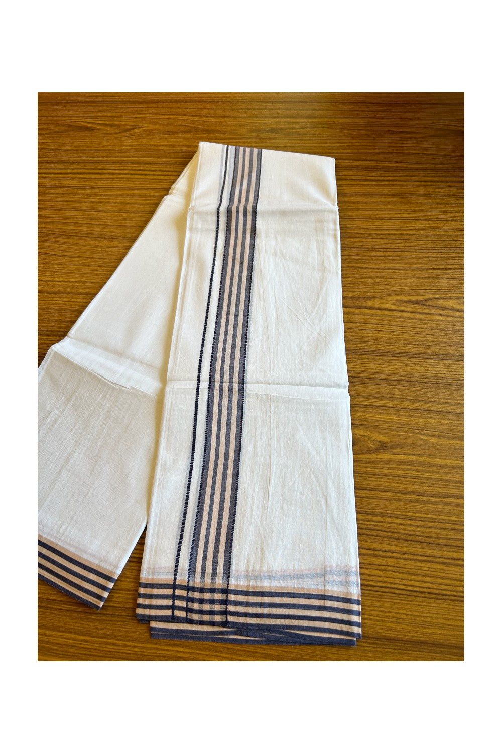 29% DISCOUNT! KaithariKada Balaramapuram 100% Cotton Ultra WHITE Double Mundu/Dhoti-100x100 2.25 inch Cream & Black Stripes Cotton kara 3.70m- 8KK493RAM