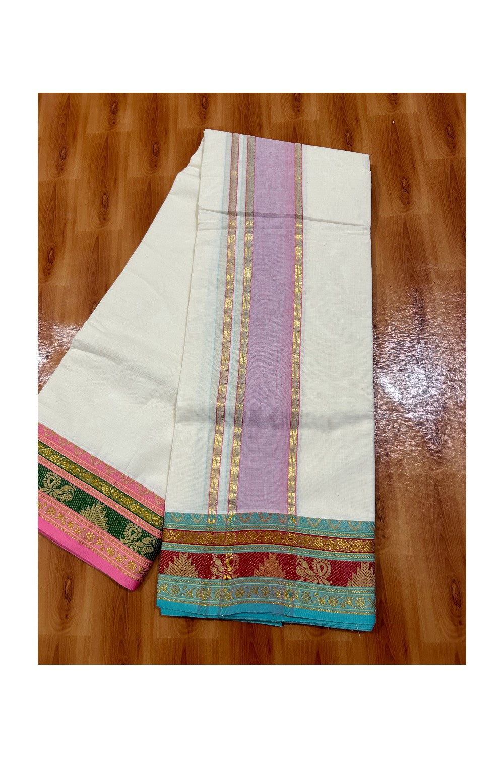 36% DISCOUNT! KaithariKada Cotton Mix  Off White - (Unbleached)- 80x80 thread - 80% Cotton & 20% Polyester-  NORTH INDIAN - ATTACHED GAMCHA 9X5 Dhoti 3.75 inch Pink kara with Blue Green & Red Design border  - 8KK5005PMC