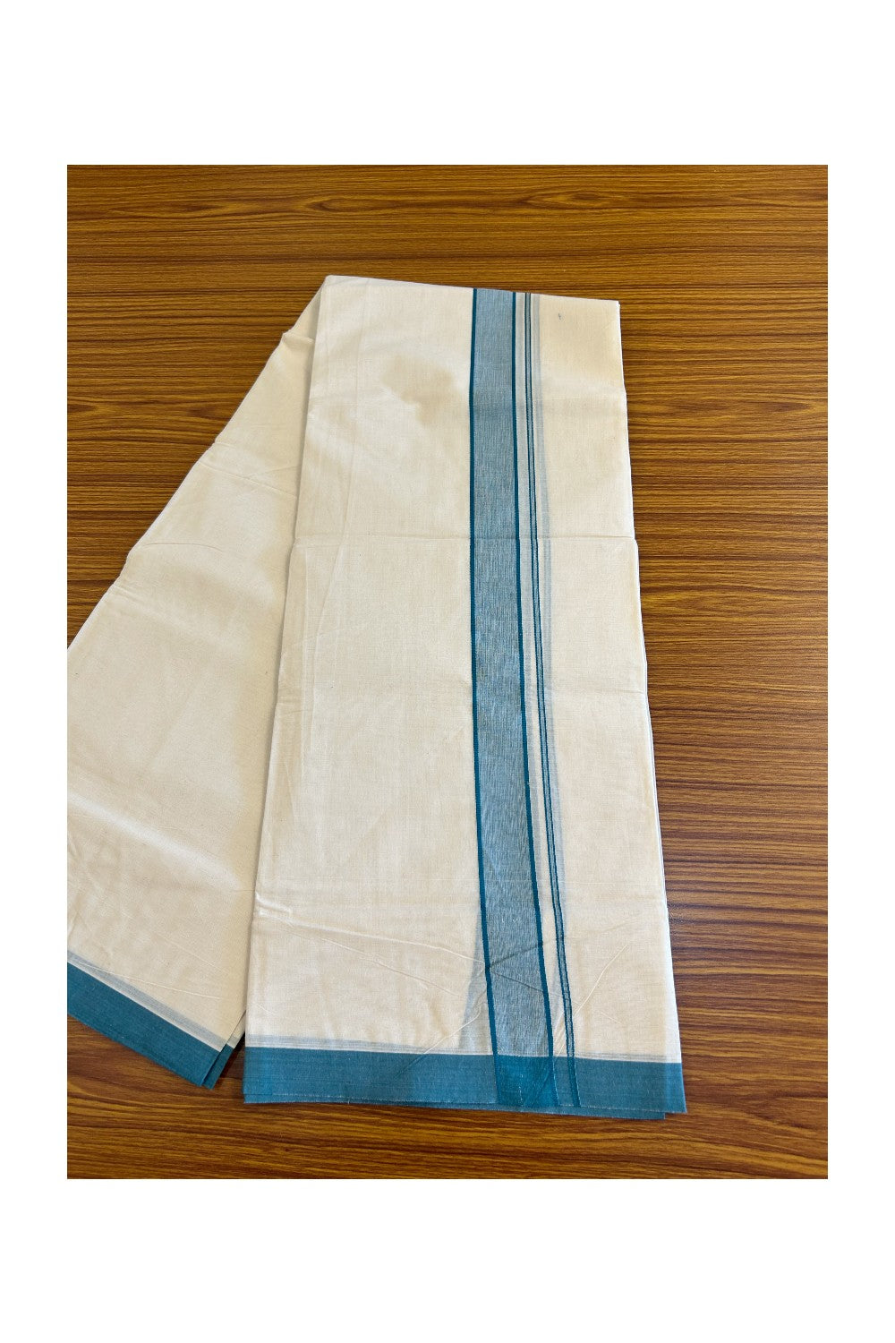 10% Discount KaithariKada Balaramapuram 100% Cotton Double Off white Mundu/Dhoti-100x100 2  inch Blue Green shaded Kara - 8KK500KK