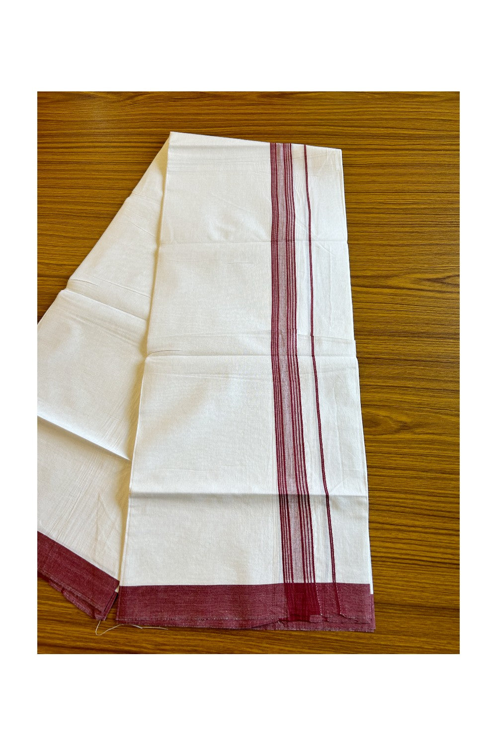 8% Discount ! Kaitharikada Balaramapuram 100% Cotton PURE WHITE SINGLE Mundu/Dothi-1.75 inch Dark Maroon Striped Kara - 8KK5032GAN