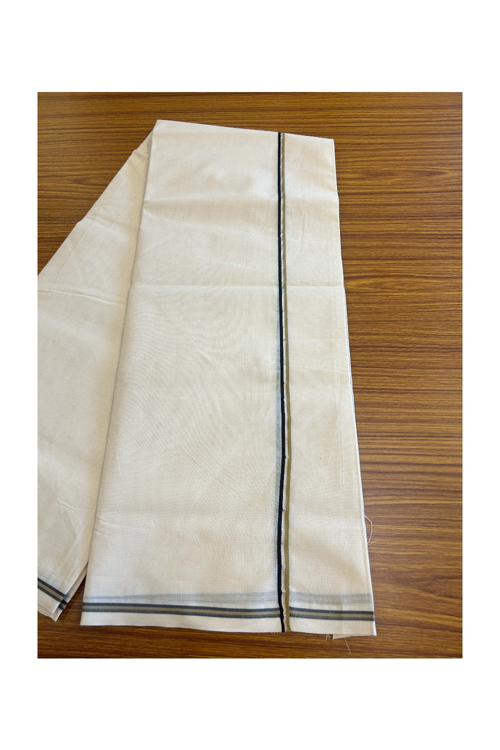 19% Discount!!  KaithariKada Balaramapuram 100% Cotton Double off white - (Unbleached) Mundu/Dhoti - 100X100 Sea Weed Green, Black & Silver Striped kara - 8KK5035ASH