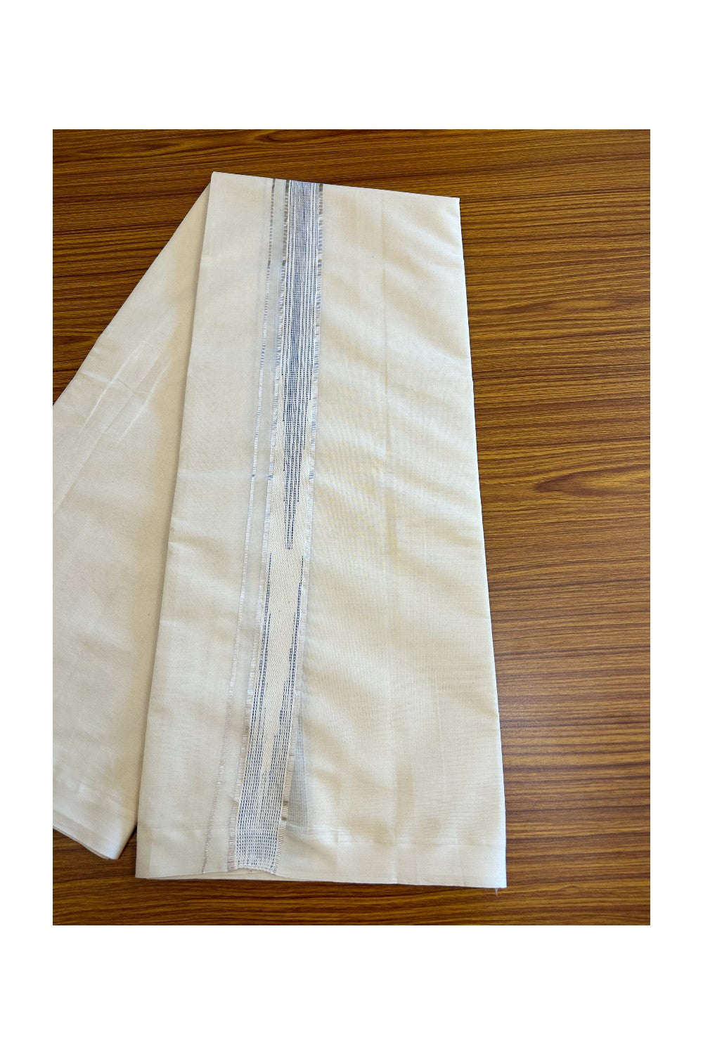 5% Discount!!! KaithariKada Balaramapuram  Double Off white - (Unbleached) Mundu/Dhoti - 80X90 - 2 inch Silver kasavu Blue striped heavy chutty - 22KK5037KAI