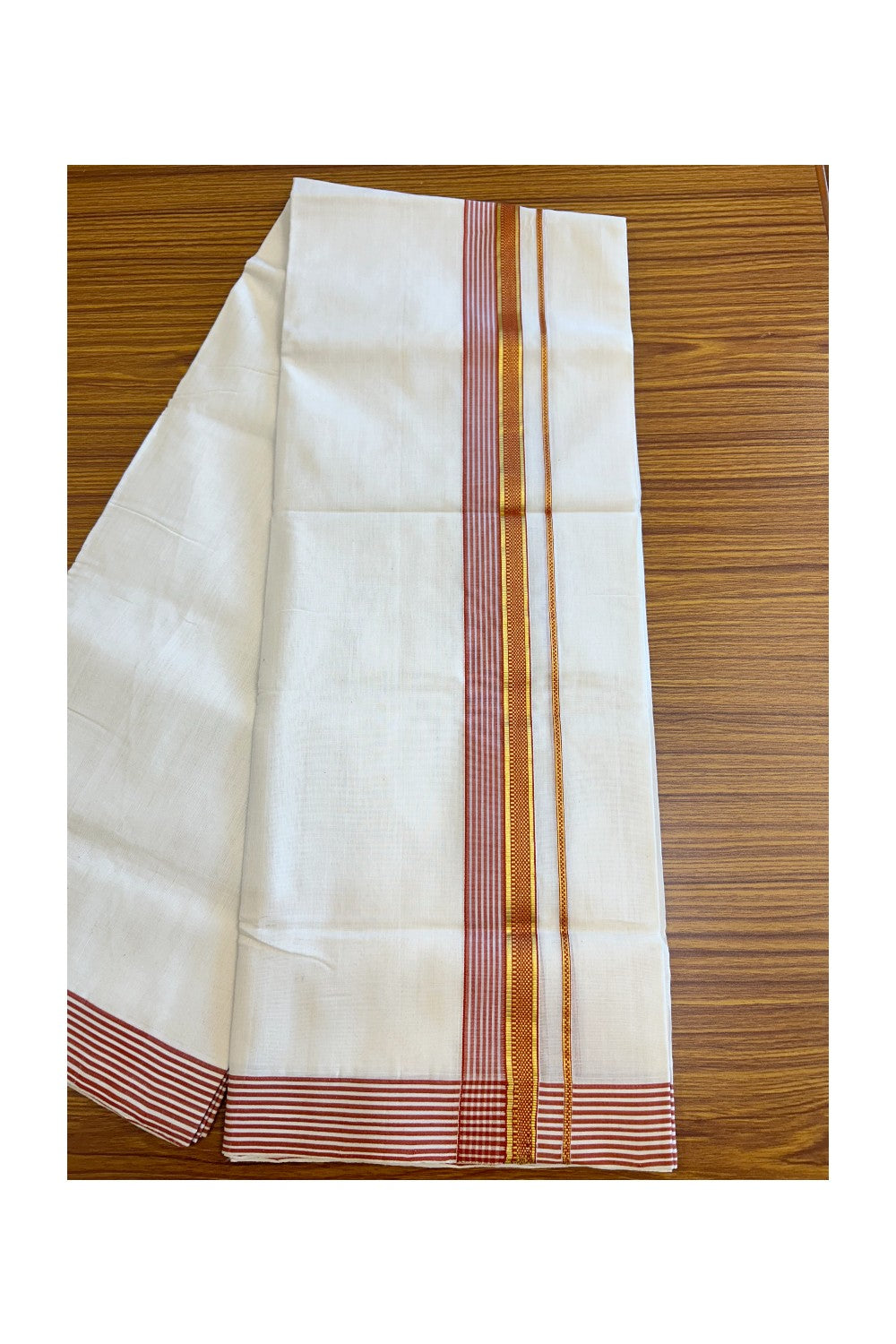 21% Discount KaithariKada HANDLOOM Unakkupaav Balaramapuram - 100% PURE Cotton Off White (Unbleached) Double Mundu/Dhoti - 2.25 inch  Kasavu & Brick Red Stripes Designer Kara-221