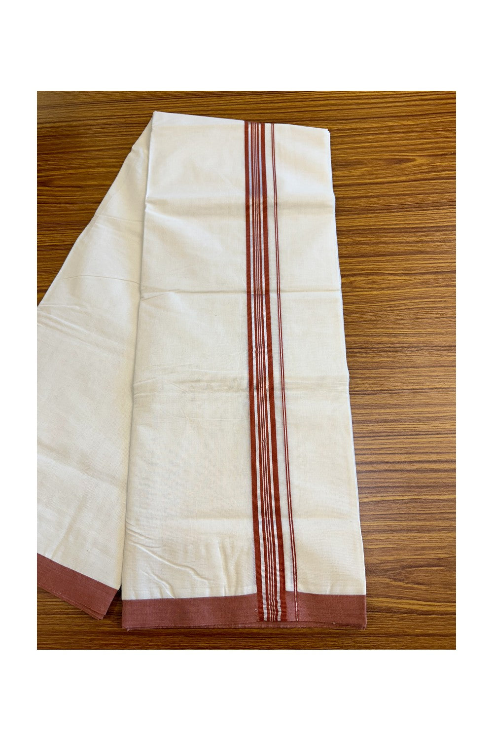 35% Discount !! KaithariKada Balaramapuram 100% Cotton Double Off white -(Unbleached) Mundu/Dhoti-100x100 - 1.5inch Silver Kasavu & Brick Red Striped Kara- 8KK5045ASH