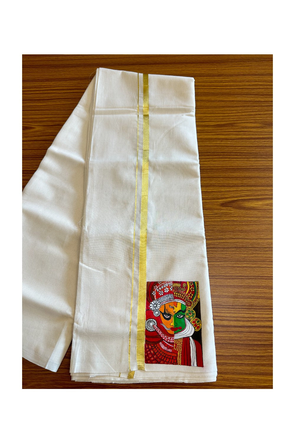 KaithariKada Balaramapuram 100% Cotton Double Off white - (Unbleached) Mundu/Dhoti-100x80 1 inch Kasavu & Hand Painted Theyyam & Kadhakali Design Kara 3.70 meter- 8KK5046KK