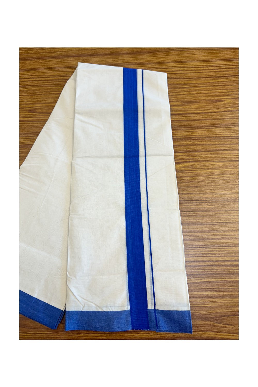 33% DISCOUNT! KaithariKada Balaramapuram 100% Cotton Double Off white - (Unbleached) - Mundu/Dhoti- 100x80 - 2inch Deep Blue Kara 3.75 mtr  - 133