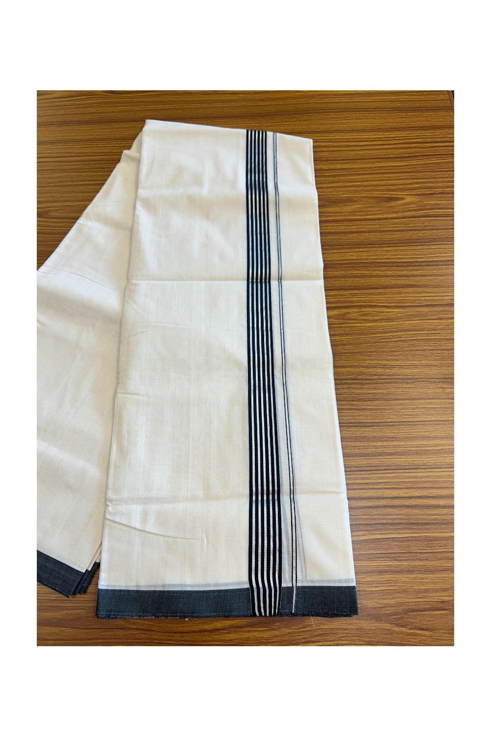 15% DISCOUNT! KaithariKada BALARAMAPURAM HANDLOOM UNAKKUPAAV - 100% PURE Cotton Off white (Unbleached) Double Mundu/Dhoti -  1.75inch Silver Kasavu & Black Stripes Kara-73