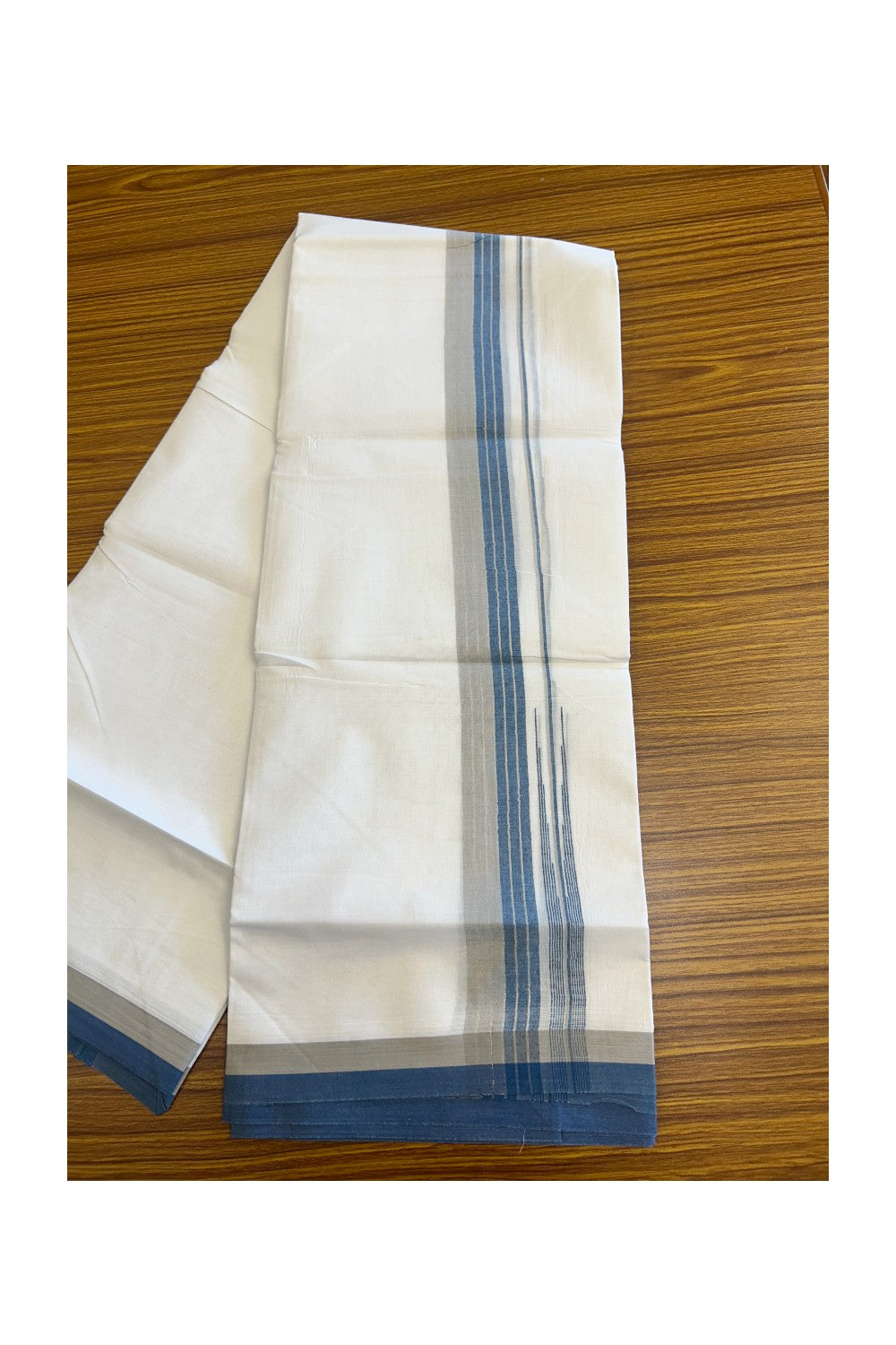 19% Discount!!! KaithariKada Balaramapuram  PURE WHITE Double Mundu/Dhoti - 80X90 - 2.25 inch Silver stripes Blue & Ash puliyilakkara striped chutty kara 3.85 meters - 8KK5058GUN