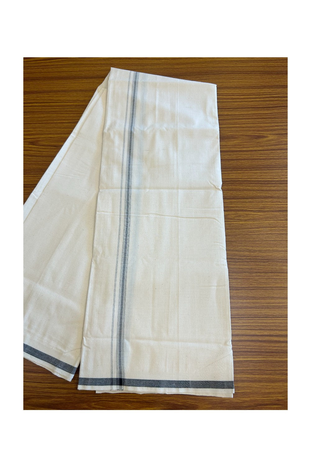 32% Discount ! KaithariKada 100% Cotton Balaramapuram HANDLOOM Single Mundu/Dhoti - Off White (Unbleached) 1.cm Gray striped  kara - 13.