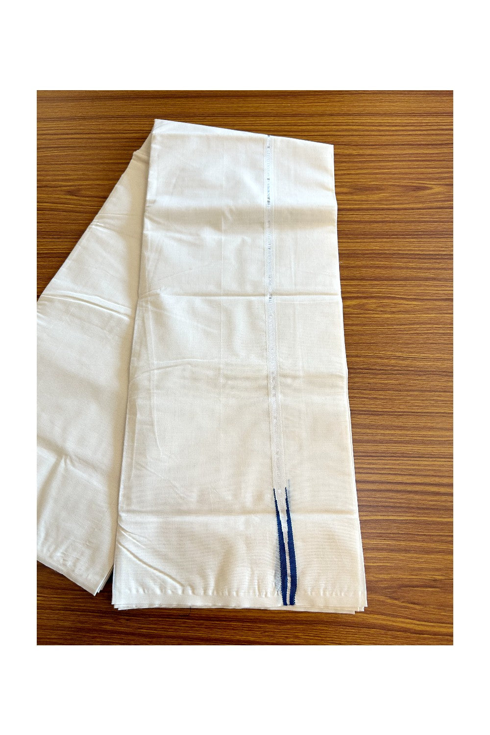 22% DISCOUNT!! KaithariKada Balaramapuram 100% Cotton off white  Double - (Unbleached) Mundu/Dhoti - 100x100 - Silver Kasavu & Peacock Blue Chutty - 8KK5063KK