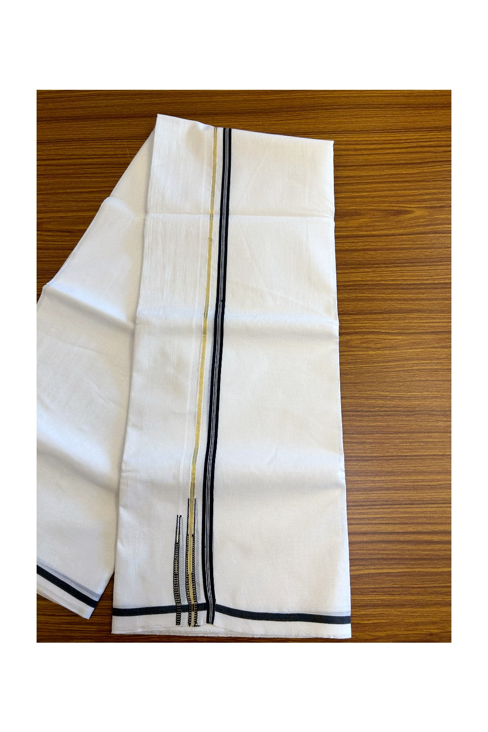 18% DISCOUNT! NEW!! KaithariKada Balaramapuram 100% Cotton PURE WHITE Double Mundu/Dhoti-100x100 1.cm  Puliyilakkara Double Chutty Kasavu & Black Striped  Kara - 8KK5067KK