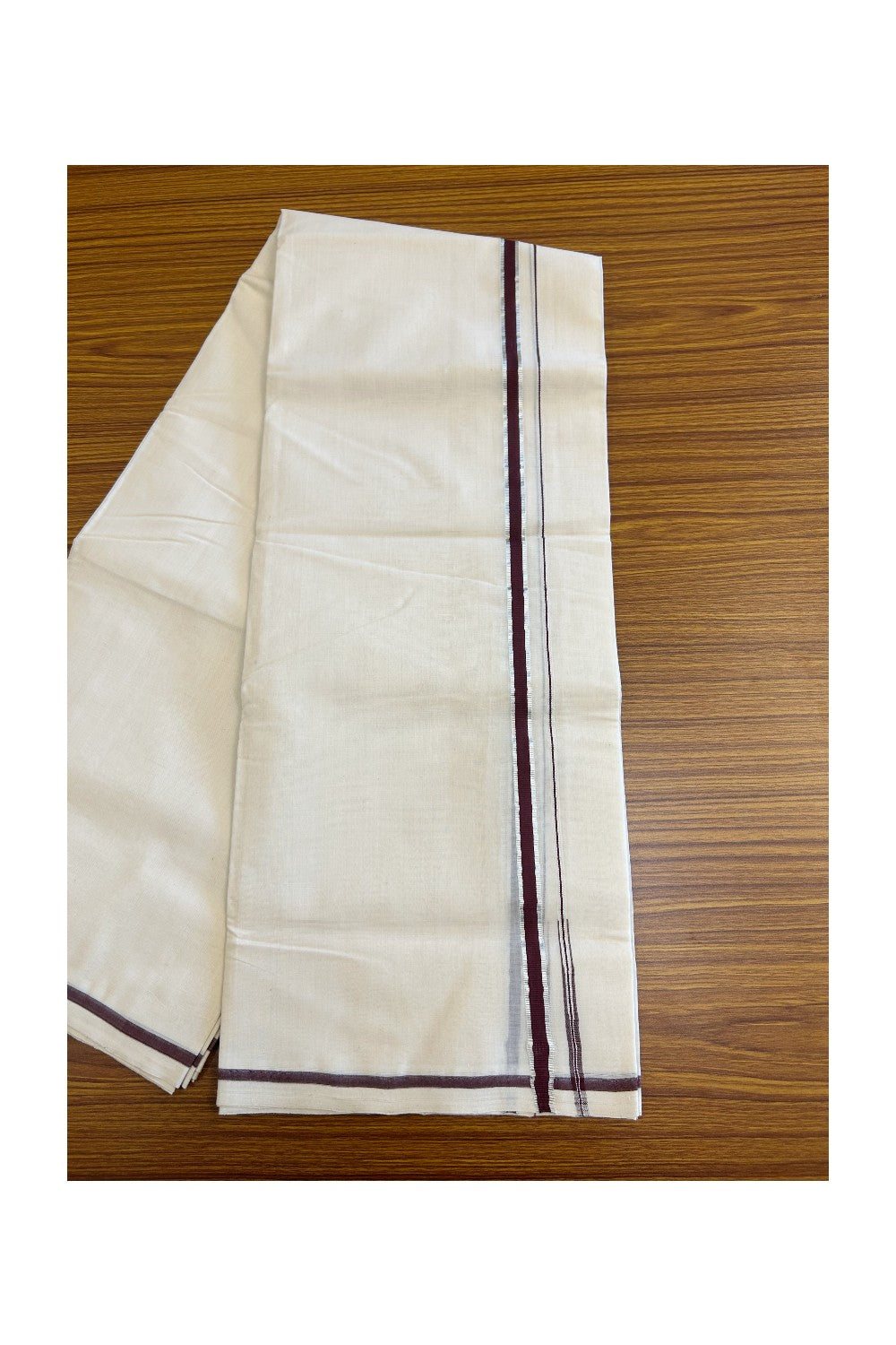 21% DISCOUNT!! KaithariKada HANDLOOM Millpaav Balaramapuram - 100% PURE Cotton Off White (Unbleached) - 100x100 Double Mundu/Dhoti - Puliyilakkara Chutty Silver Kasavu Brown Kara - 9KK114ASH