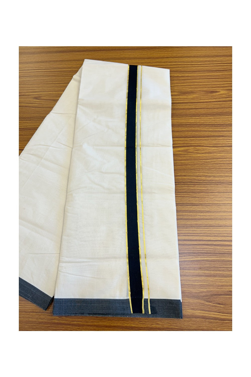 19% Discount ! KaithariKada Balaramapuram 100% Cotton Double Off white - (Unbleached) - Mundu/Dhoti-100X100 - 1.5inch Gold Kasavu & Black Kara.- 8KK5074ASH