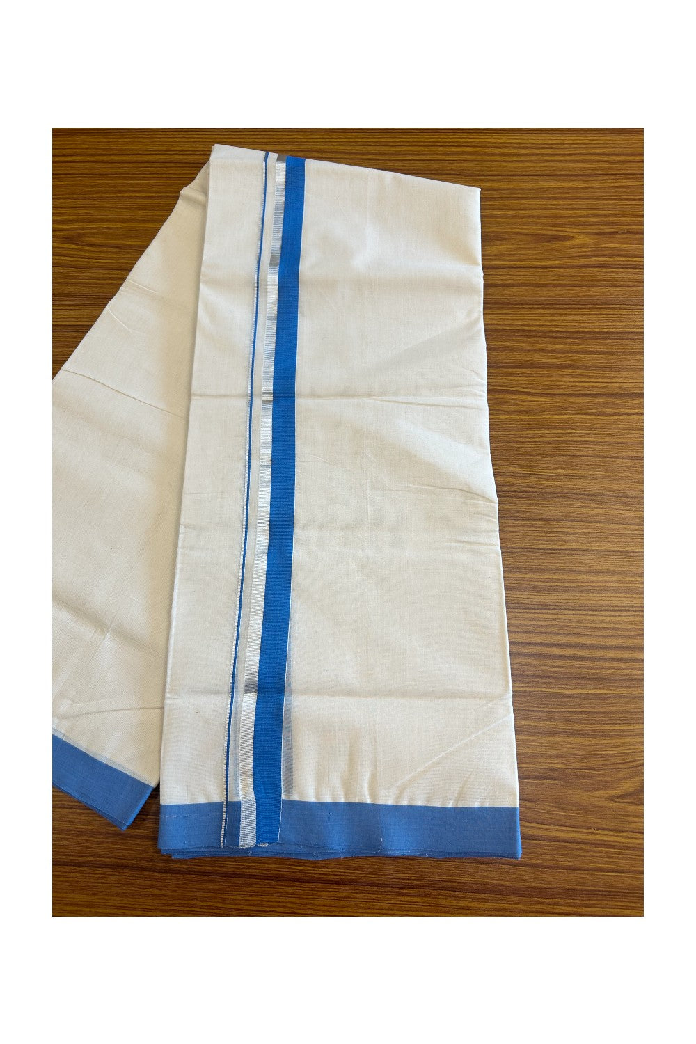 19% Discount !! KaithariKada HANDLOOM millpaav Balaramapuram - 100% PURE Cotton OFF White Double - (Unbleached)  Mundu/Dothi - 1.75  inch Silver kasavu & Blue kara 4.5 Meters (10 Muzham) - 8KK5081RAM