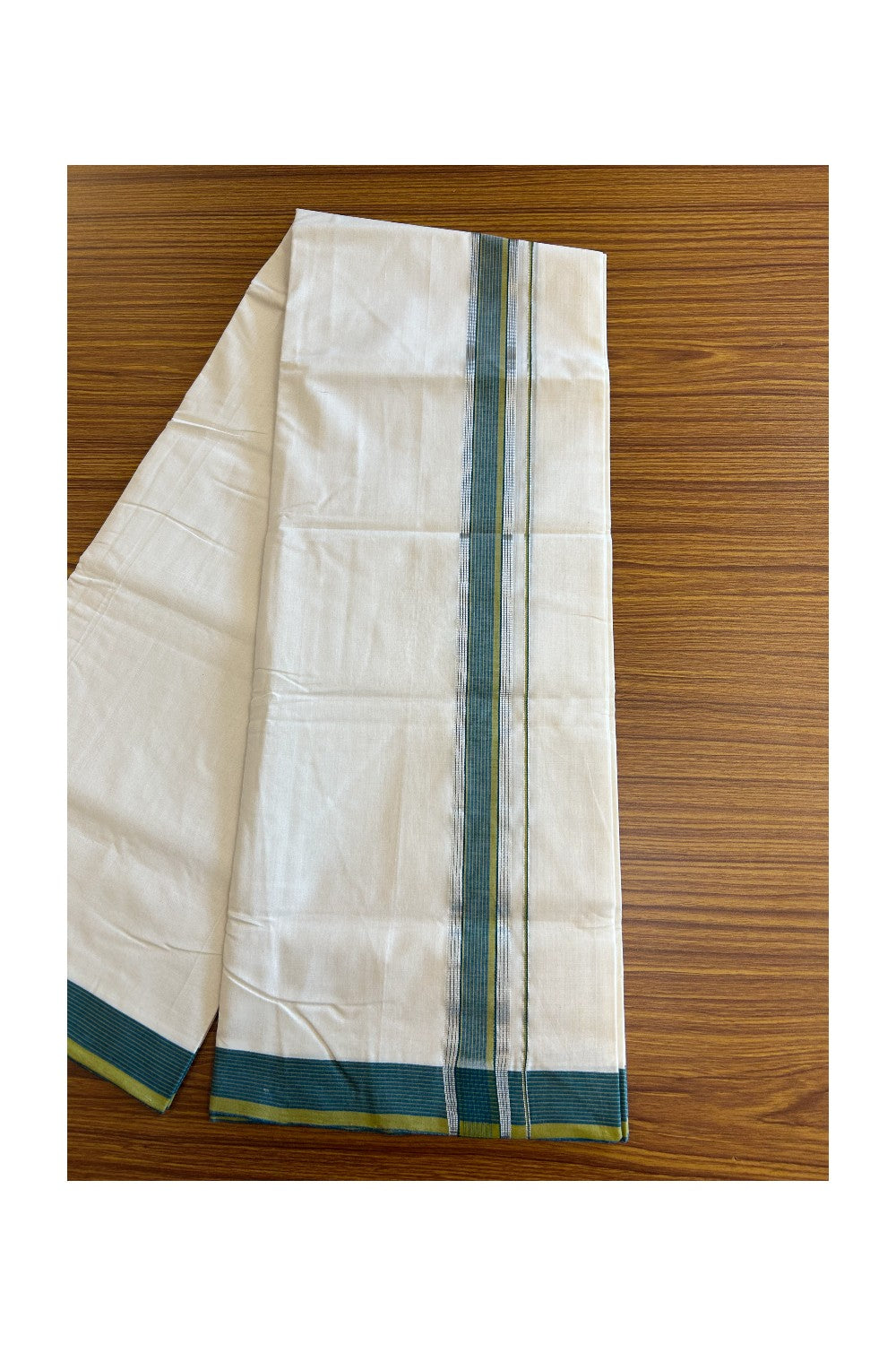 19% Discount !! KaithariKada HANDLOOM UNAKKUPAAV Balaramapuram - 100% PURE Cotton off white - (Unbleached) Double Mundu/Dhoti - 2 inch Silver kasavu Peacock Blue & Mustard Yellow striped kara - 8KK5082RAM