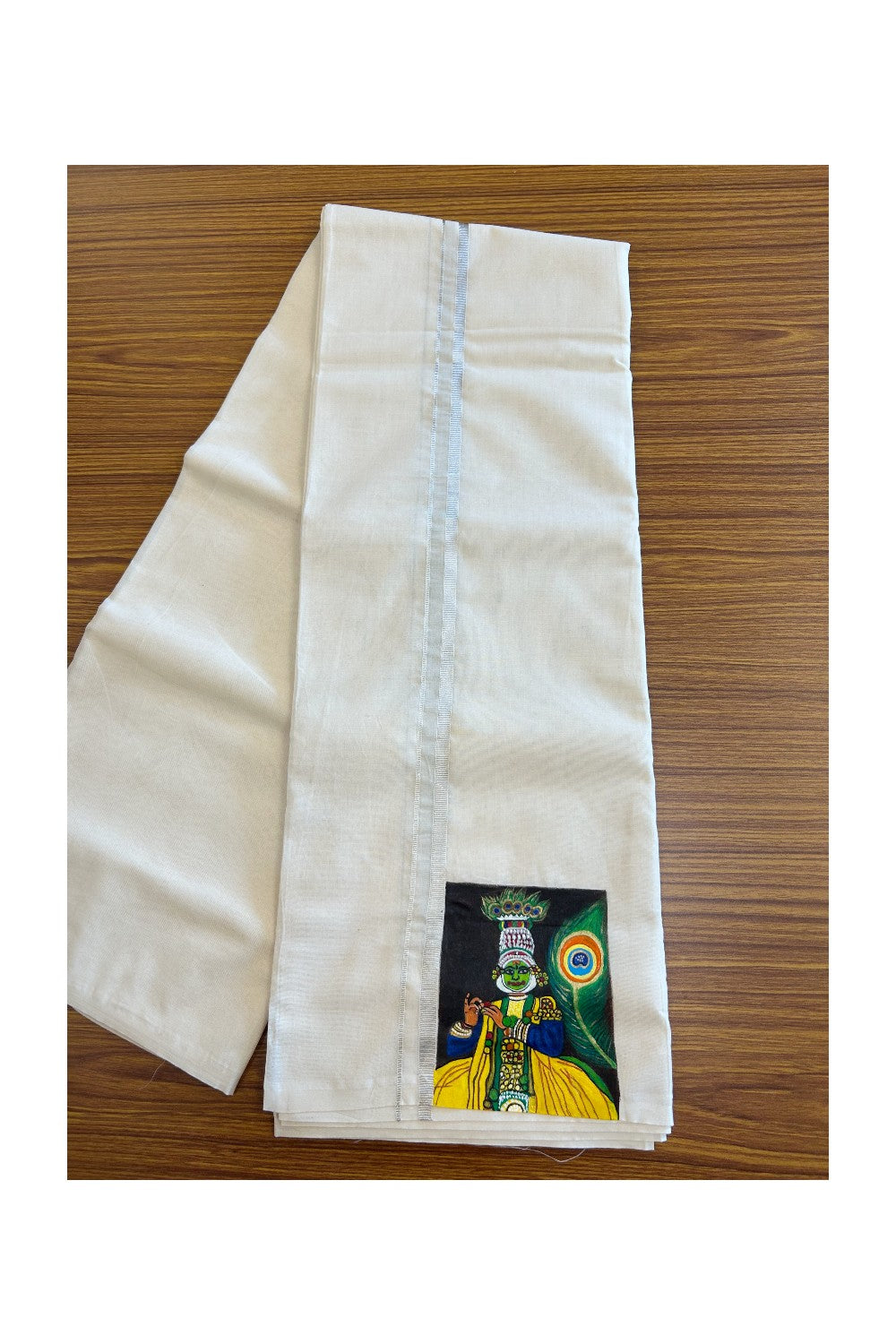 KaithariKada Balaramapuram 100% Cotton Double Off white - (Unbleached) Mundu/Dhoti-100x80 0.75 inch SILVER Kasavu & Hand Painted Kadhakali Design Kara 3.70 meter- 8KK5083ASH