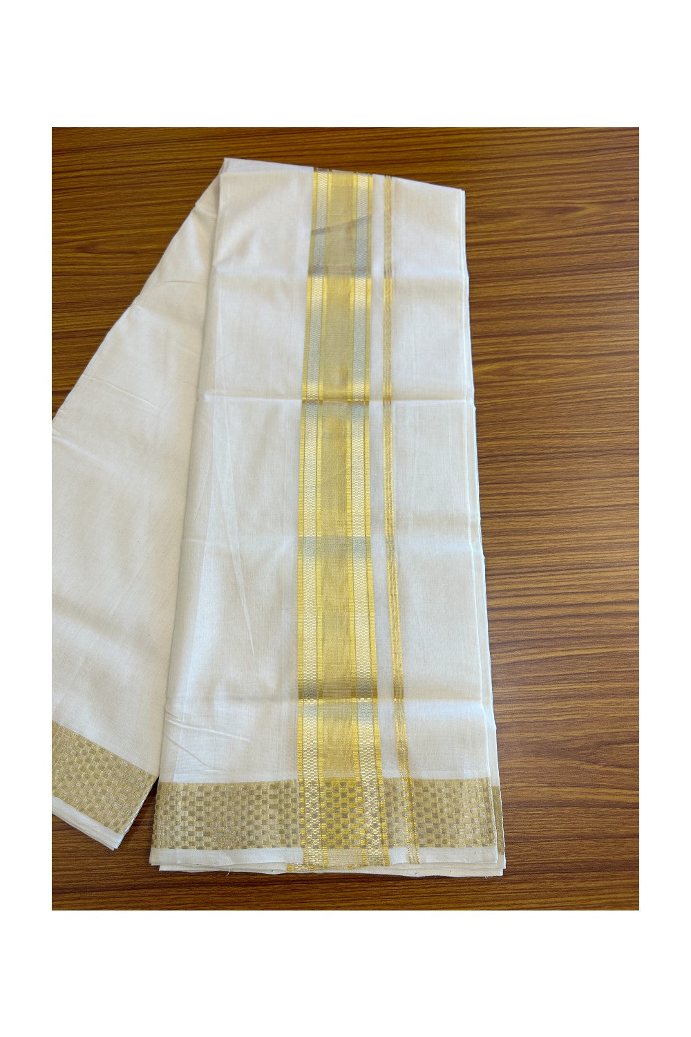 30% DISCOUNT ! KaithariKada HANDLOOM Unakkupaav Balaramapuram - 100% PURE Cotton Off White - (Unbleached) Double Mundu/Dhoti - 100x100  3 Inch Kasavu Striped Pattern kara - 8KK5097ABH