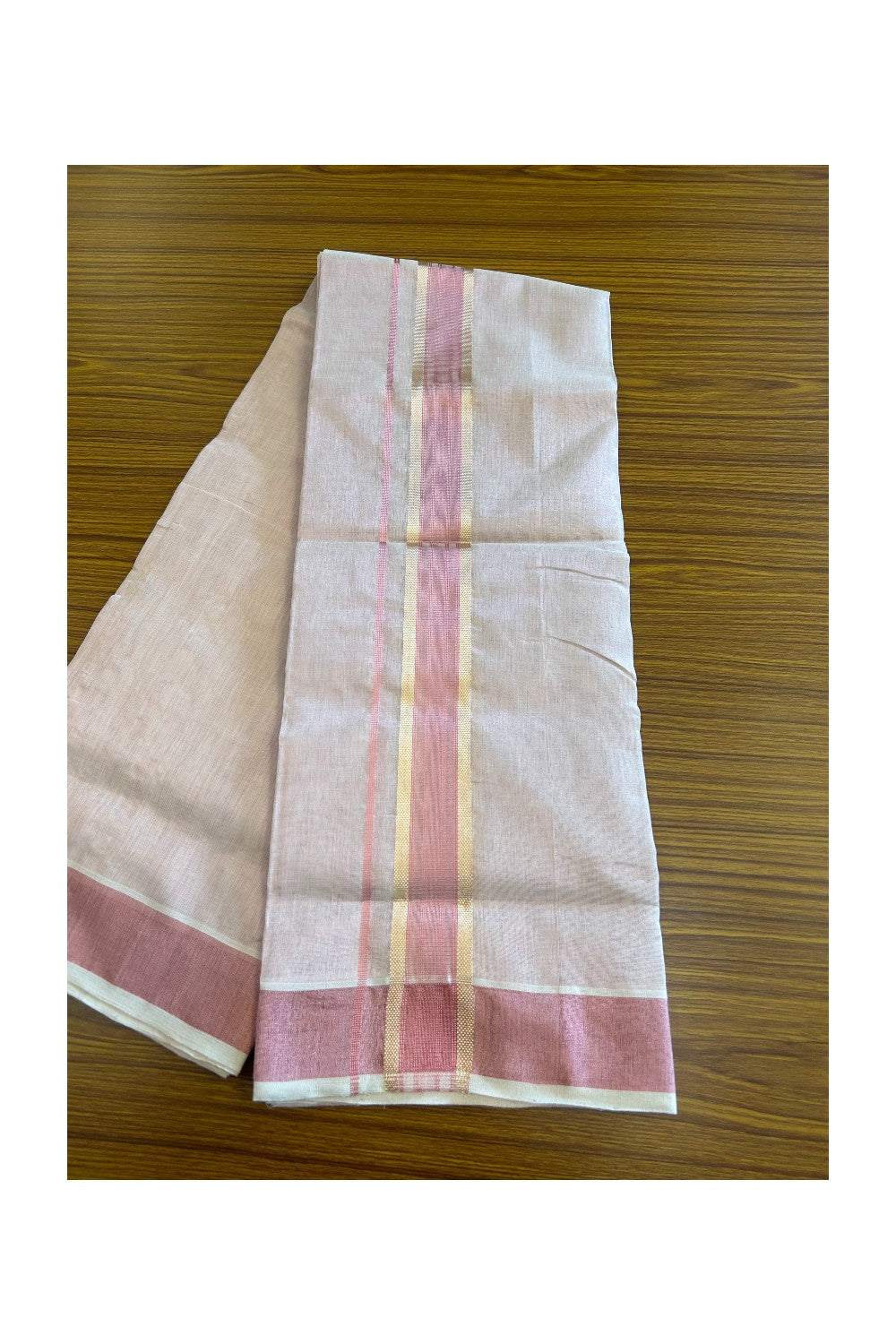 30% DISCOUNT! KaithariKada HANDLOOM Millpaav Balaramapuram - 100% PURE Cotton Off White (Unbleached) - Double Mundu/Dhoti - 2.75 inch Gold Kasavu Striped Kara & Pink Tissue Body- 8KK5105RAM