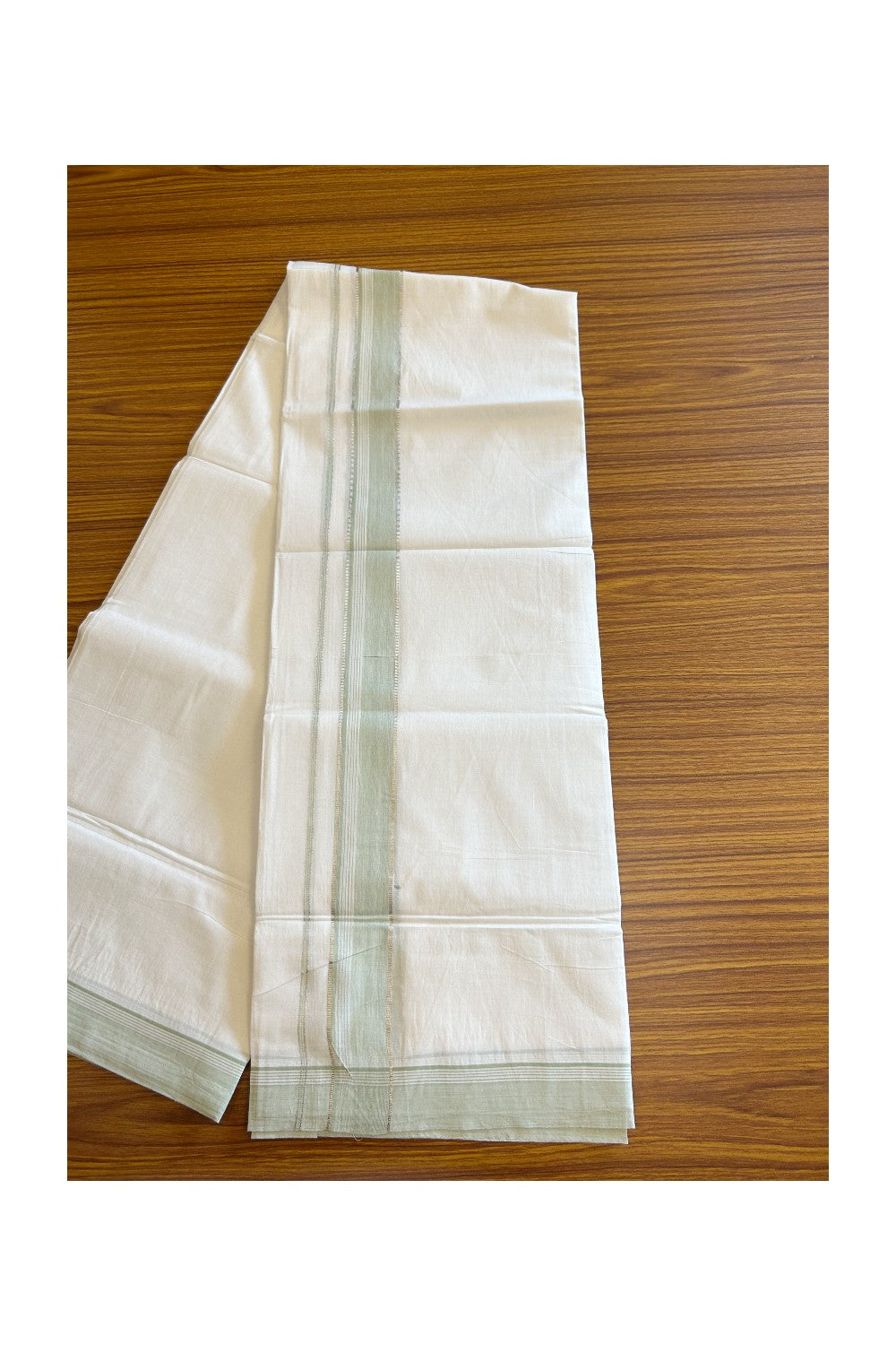 20% DISCOUNT! KaithariKada Balaramapuram 100% Cotton Double PURE white Mundu/Dhoti - 100x100 - Shaded Light Green Silver Side Striped Kara - 8KK5109THI