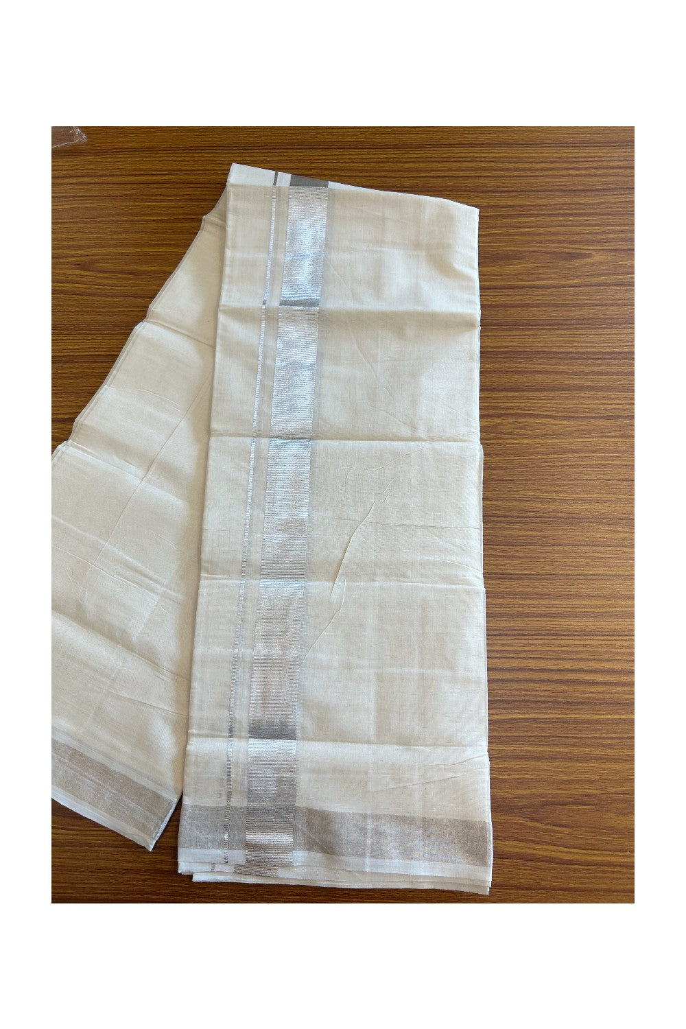 19% DISCOUNT! KaithariKada Balaramapuram 100% Cotton  Off white (Unbleached) Double Mundu/Dhoti-100x100 1.5 inch Silver Kasavu kara - 8KK5110THI