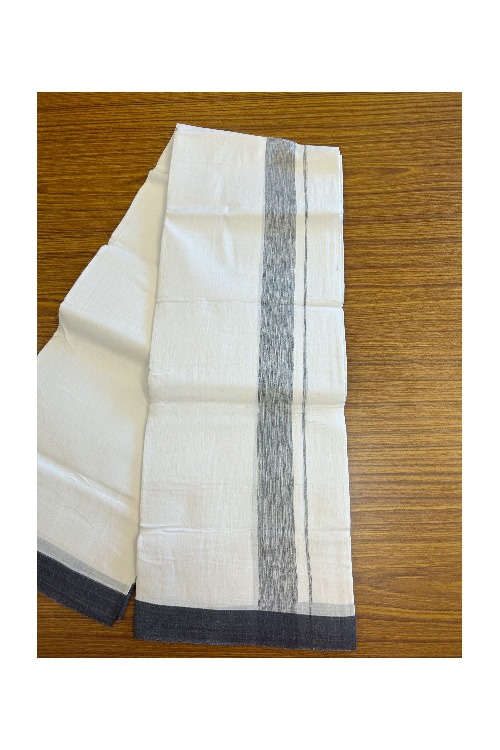 Linen Dhoti NEW! 20% Discount from Kaitharikada.com - Double Mundu/Dhoti 80x90 Thread PURE WHITE - Pure Cotton + Linen - 2.25 Inch Black Shaded Kara- 26KK5115THI