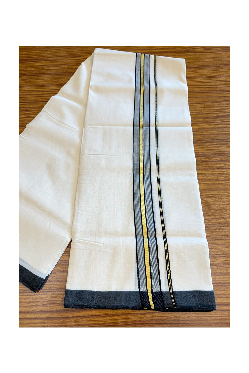 30% Discount!!! KaithariKada HANDLOOM UNAKKUPAAV Balaramapuram - 100% PURE Cotton off white (Unbleached) Double Mundu/Dhoti - 1.5 inch Kasav & Black Striped Kara - 8KK5123RAM