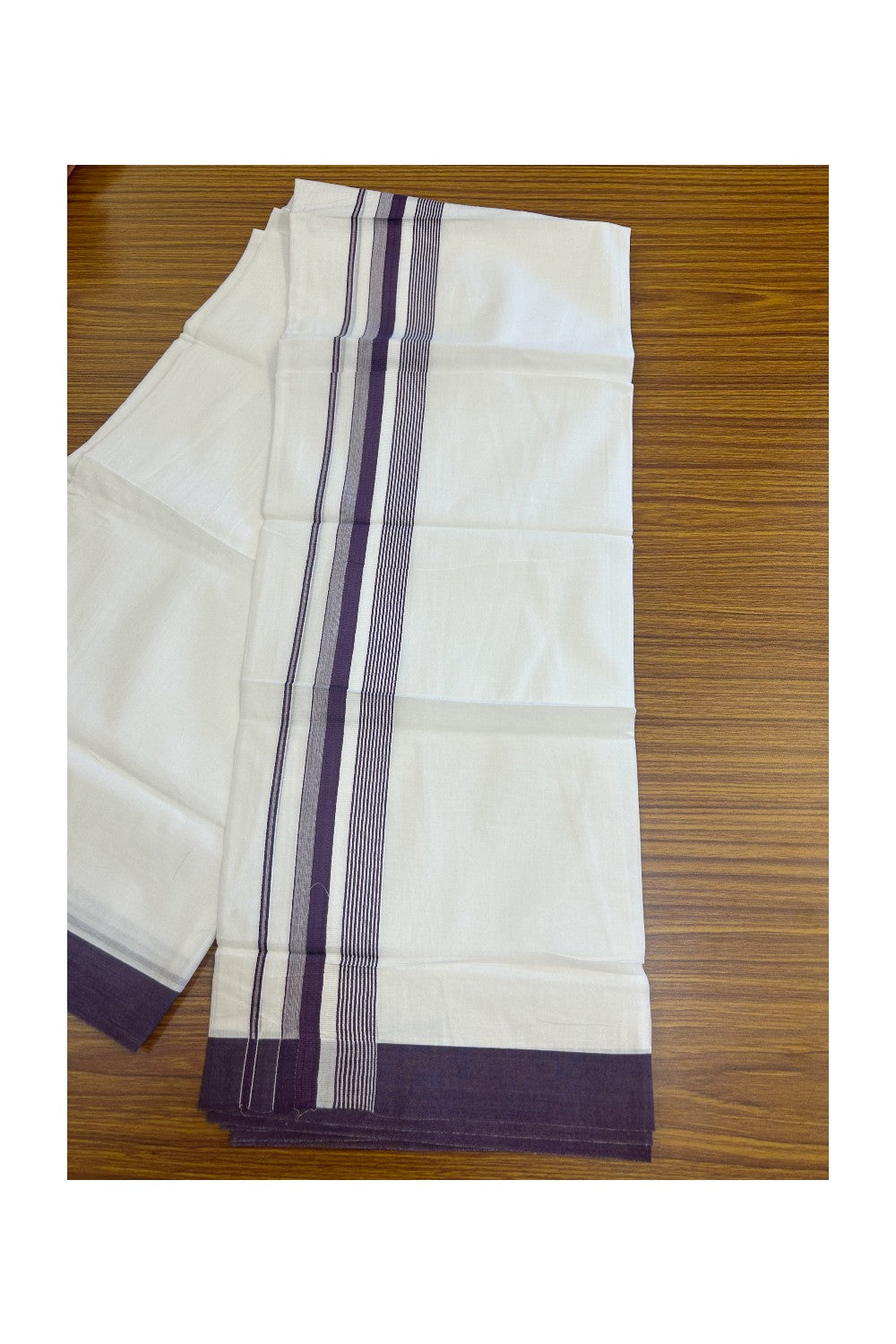 20% DISCOUNT! KaithariKada Balaramapuram 100% Cotton Double PURE white Mundu/Dhoti - 100x80 - 1.75 Inch Violet Striped Kara - 8KK5135GAN