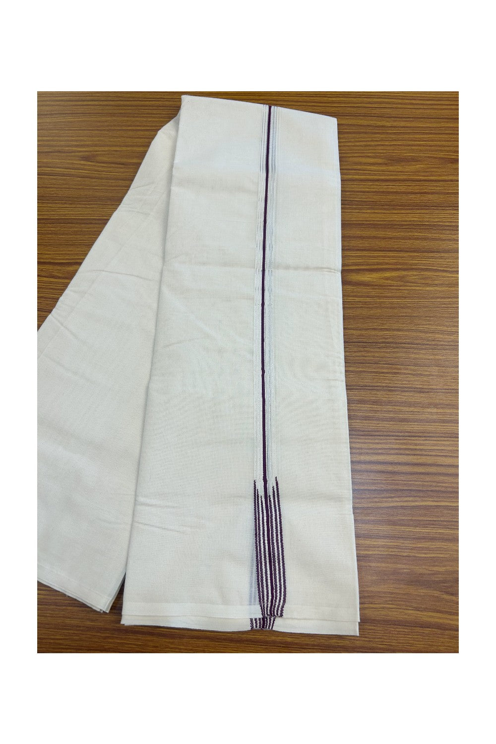 19% DISCOUNT ! KaithariKada 100% Cotton OFF WHITE - (Unbleached) Double Dhoti/Mundu- 100x100 - 0.75 inch 6 Line Puliyilakkara Purple & Silver Chutty Kara 3.50 meters - 7KK5140ASH