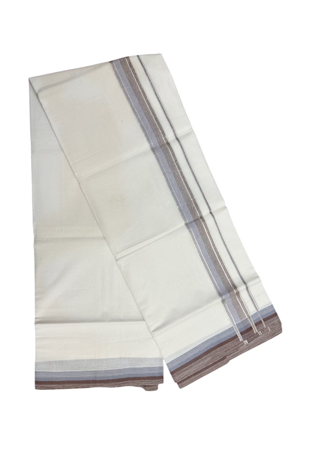 21% Discount !! KaithariKada Balaramapuram Double PURE WHITE Mundu/Dhoti- 100x80 - 1.5 inch Brown Ash Kara Silver Striped kara - 8KK5143PMC