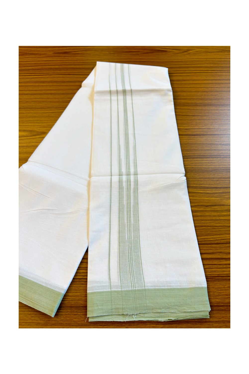 22% DISCOUNT!! Kaitharikada Balaramapuram 100% Cotton Ultra WHITE Double Mundu/Dothi-100x100  2 Inch LIGHT GREEN Striped Cotton Kara 3.80m - 8KK74RAM