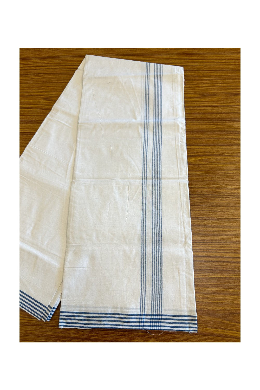 Ultimate HANDLOOM-19% Discount! - Kaitharikada Kalamachal-Government Sealed HALLMARKED-100% PURE COTTON! (80x80) Twisted Thread- Light WHITE SINGLE Mundu / Dhoti - 1.75 inch Blue Striped Kara - 8KK8004KK