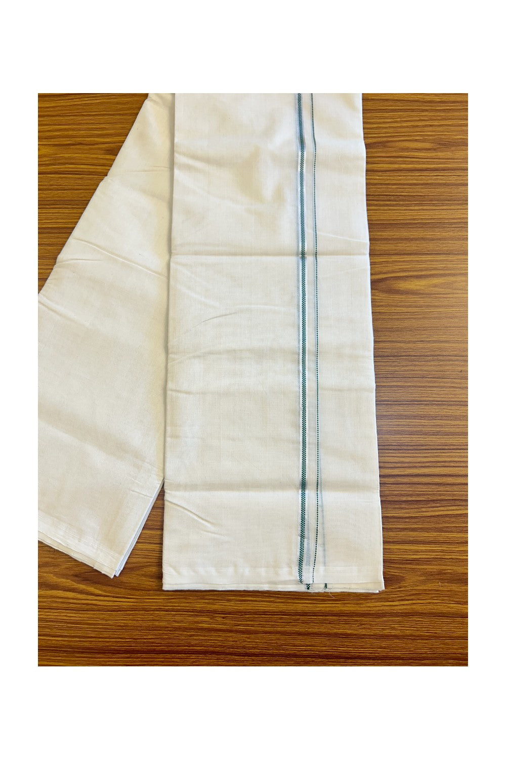 22% DISCOUNT!! KaithariKada HANDLOOM UNAKKUPAAV Balaramapuram - 100% PURE Cotton OFF White (Unbleached) Double Mundu/Dothi -  Muthukuri Green & Silver Kasavu kara 3.70m- 8KK410SOM