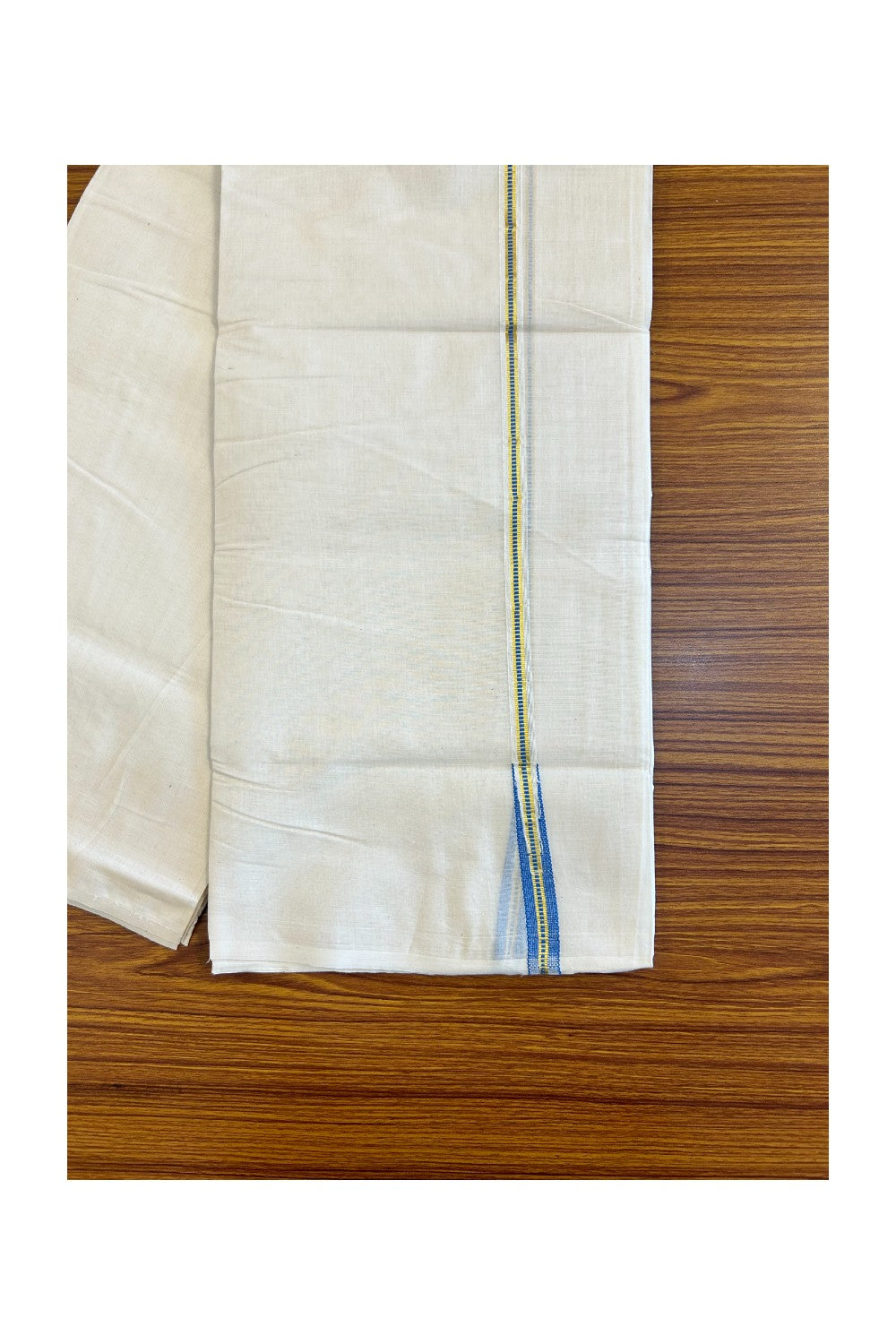 25% DISCOUNT! KaithariKada Balaramapuram 100% Cotton Double Off white Mundu/Dhoti-100x100  1.5 cm Chutty Puliyilakkara Muthukuri Kasavu & Sky Blue Kara- 8KK417ASH