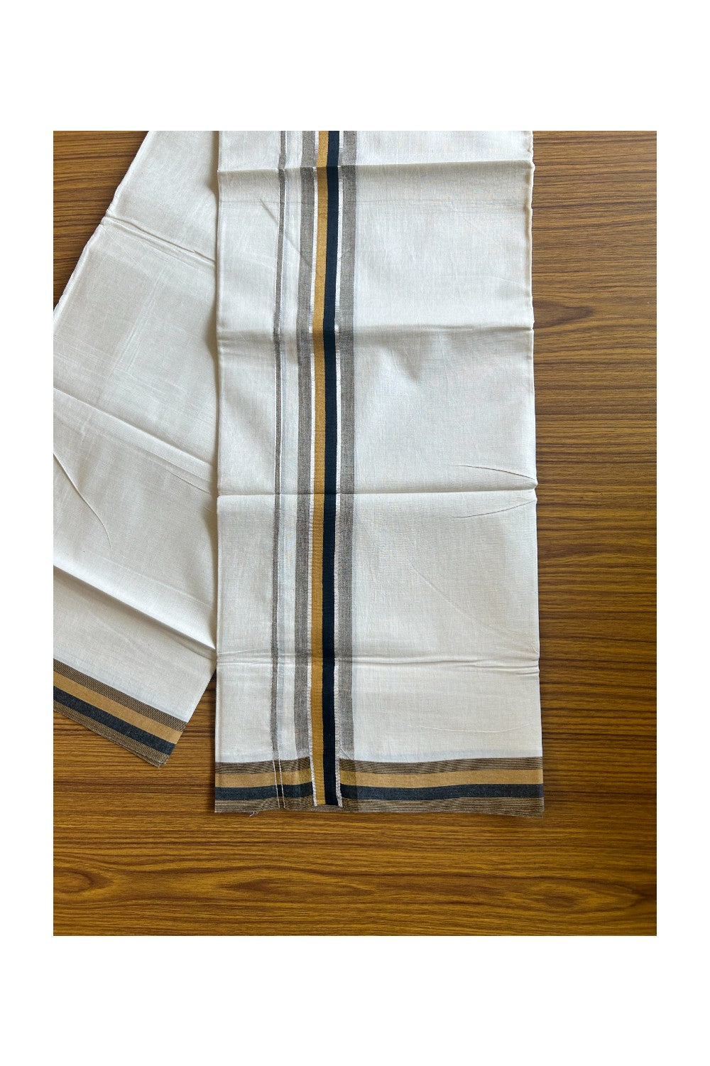 14% DISCOUNT!!! KaithariKada Balaramapuram 100% Cotton off white (Unbleached) Double  Mundu/Dhoti - 100X90  Brown Black &Silver kara - 8KK431VAS