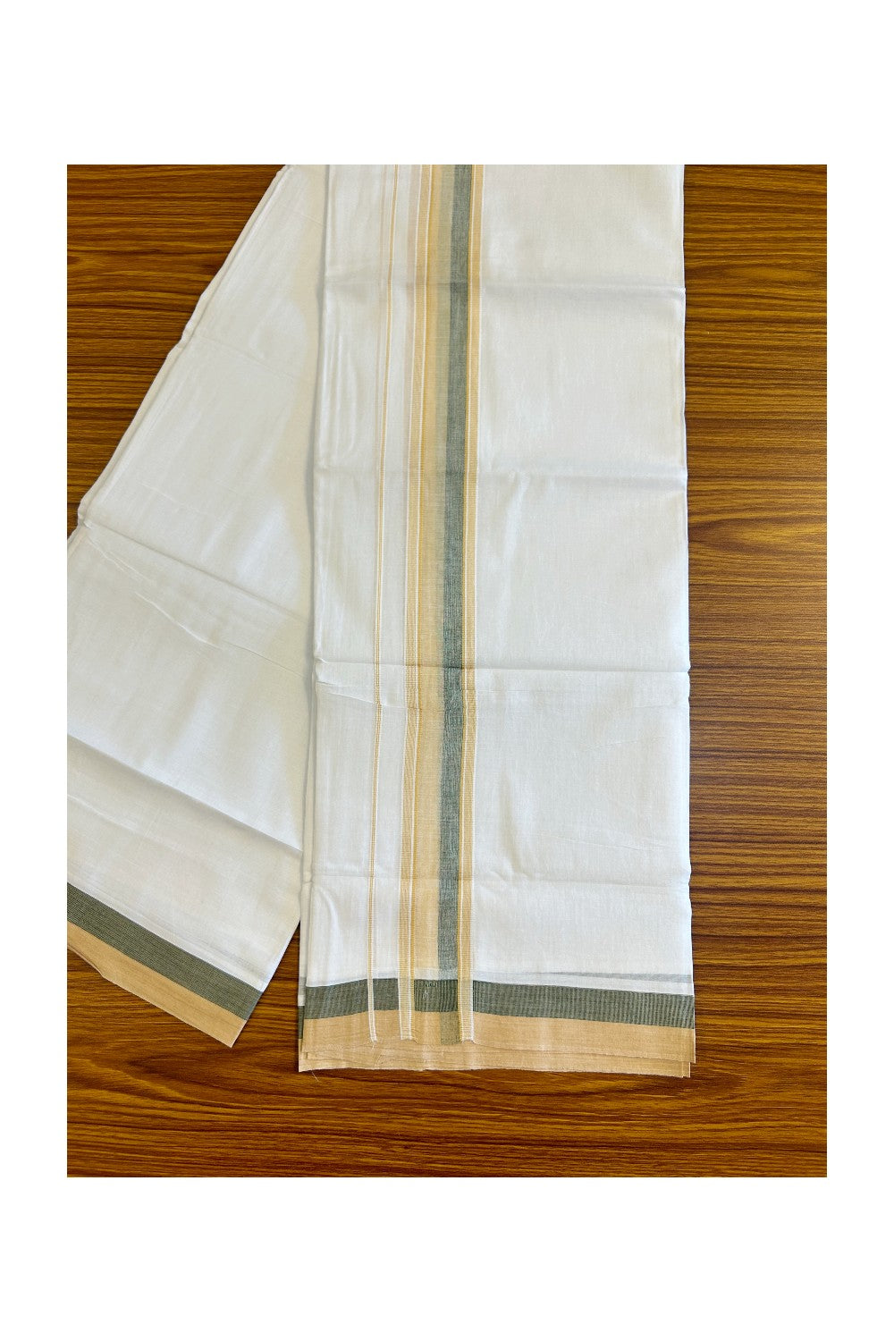 26% DISCOUNT!!! KaithariKada Balaramapuram 100% Cotton PURE white Double Mundu/Dhoti-100x90   2.25 Inch Sand brown & Green shaded stripes kara  - 8KK448VIN