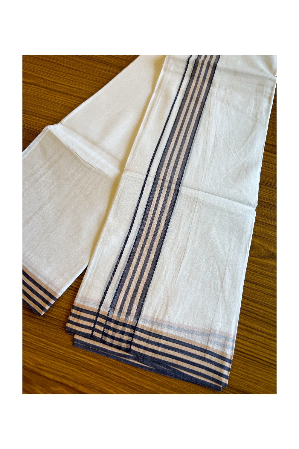 29% DISCOUNT! KaithariKada Balaramapuram 100% Cotton Ultra WHITE Double Mundu/Dhoti-100x100 2.25 inch Cream & Black Stripes Cotton kara 3.70m- 8KK493RAM