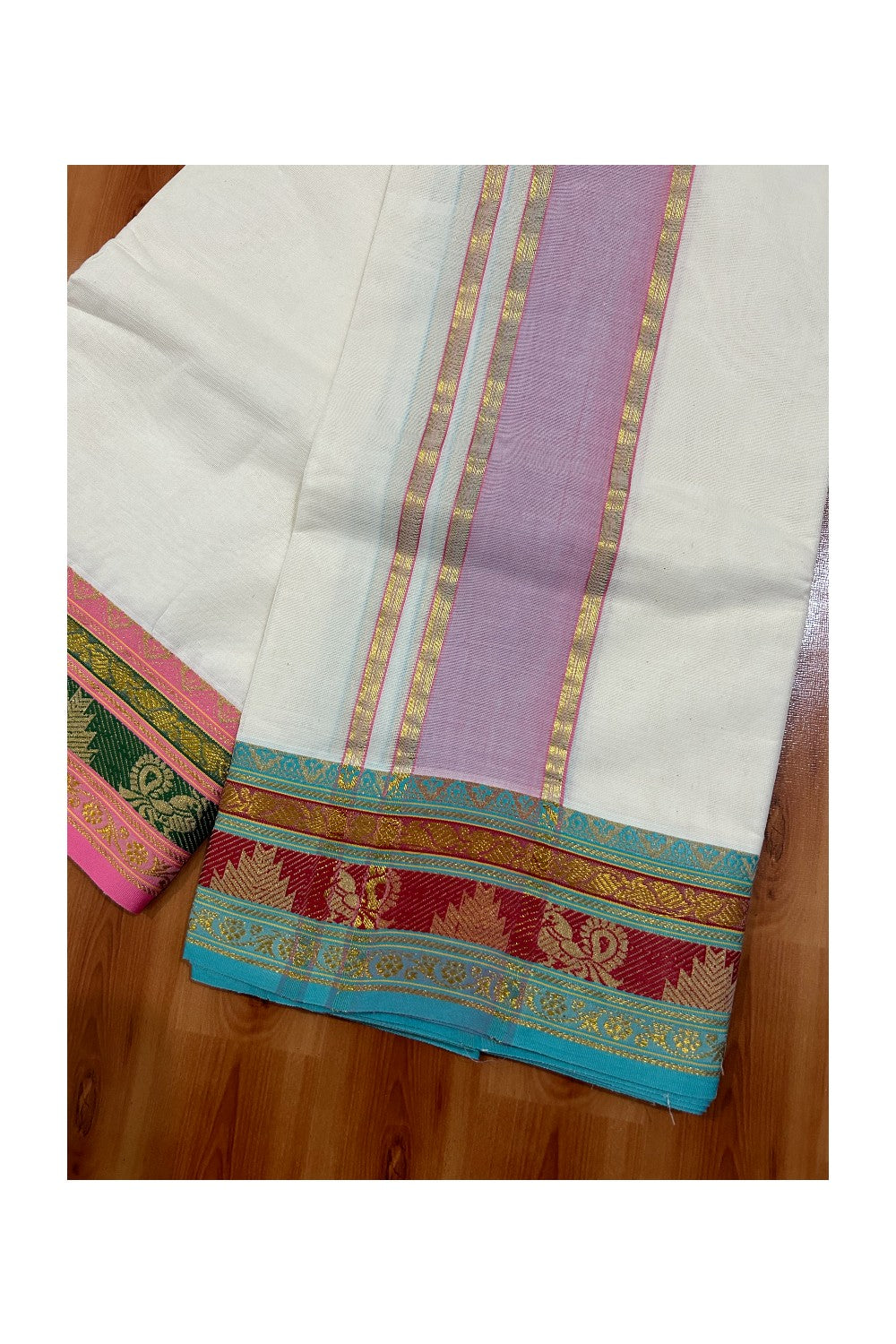 36% DISCOUNT! KaithariKada Cotton Mix  Off White - (Unbleached)- 80x80 thread - 80% Cotton & 20% Polyester-  NORTH INDIAN - ATTACHED GAMCHA 9X5 Dhoti 3.75 inch Pink kara with Blue Green & Red Design border  - 8KK5005PMC